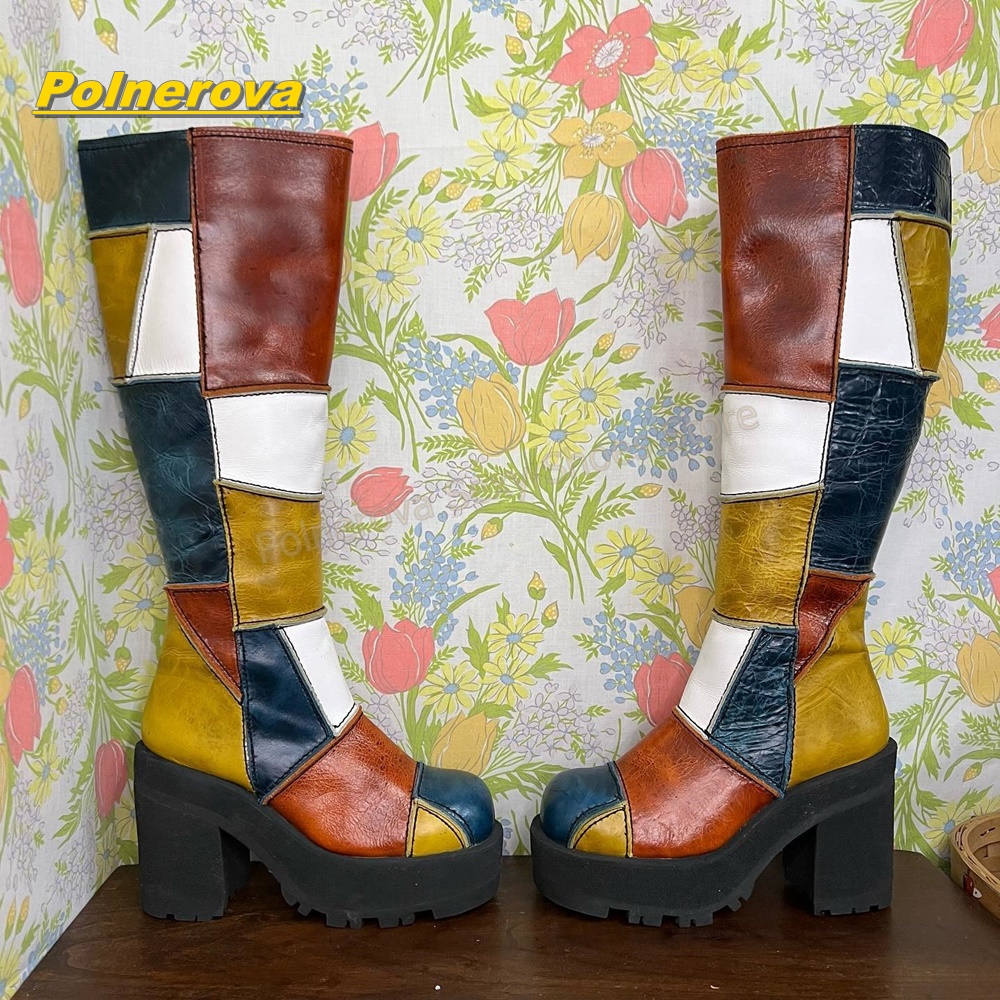 Vintage Fashion Style - Bottes hautes en cuir patchwork rétro