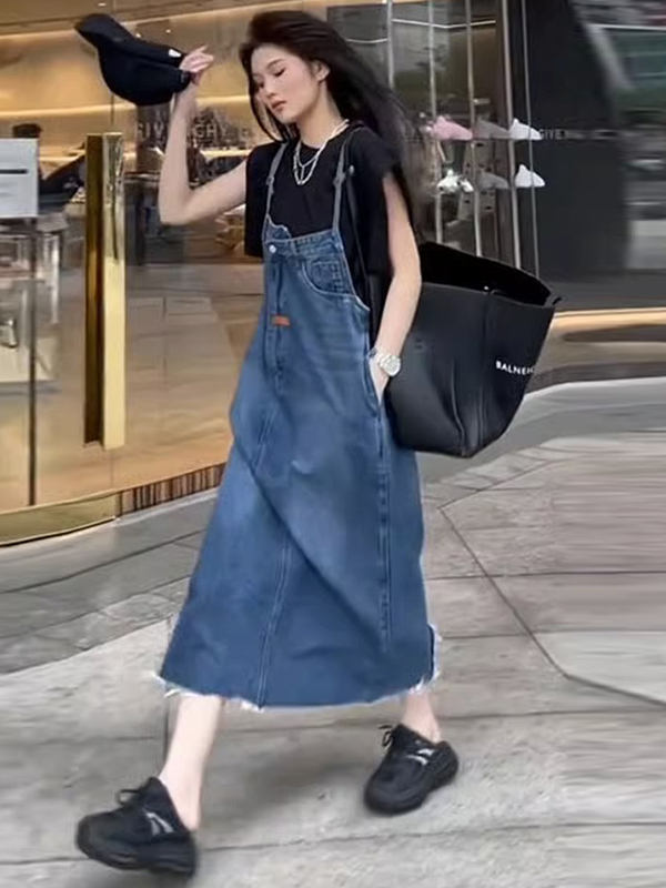 Denim Skirt Midi Vintage - Robe Salopette Vintage Américaine en Jean