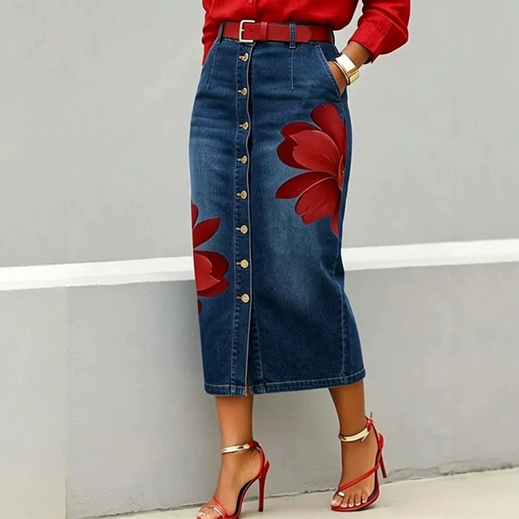 Denim Skirt Midi Vintage - Jupe mi-longue en jean à imprimé
