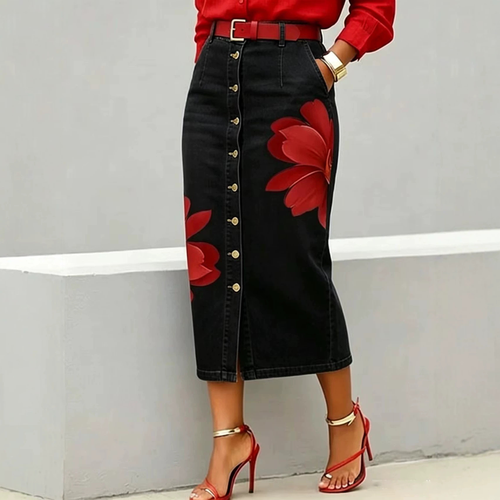 Jupe mi-longue en jean à impri - Denim Skirt Midi Vintage avis et prix
