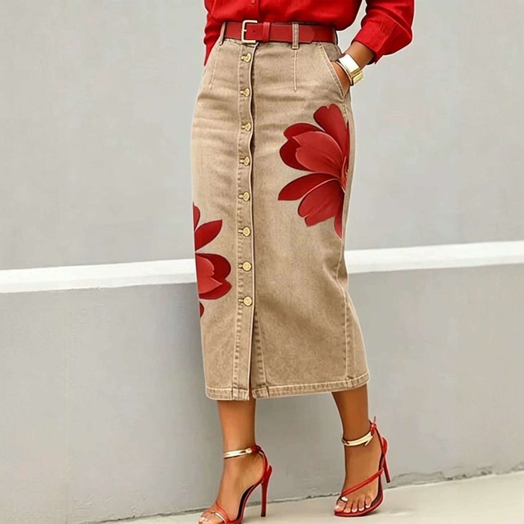 Jupe mi-longue en jean à impri - Denim Skirt Midi Vintage avis et prix
