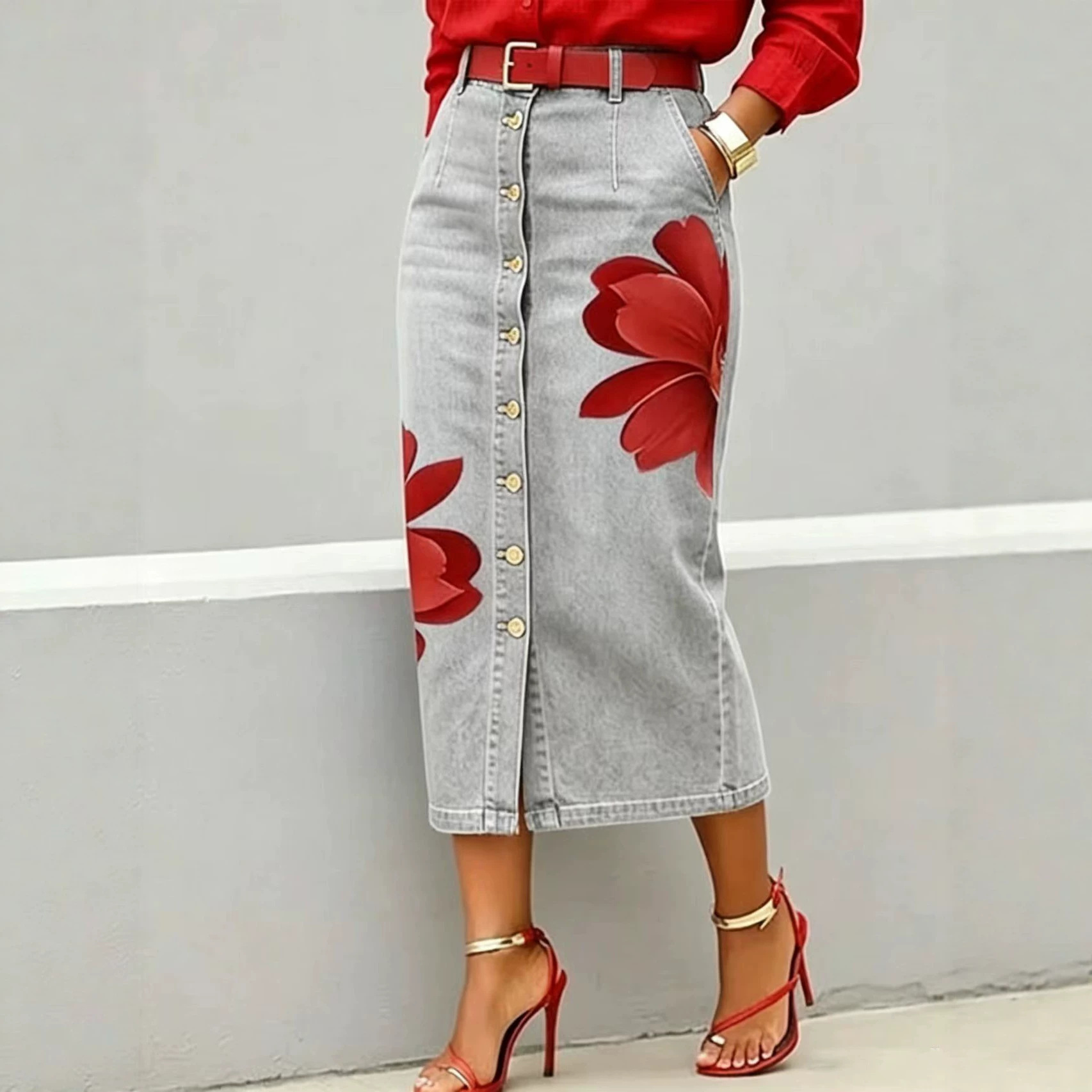 Jupe mi-longue en jean à impri - Denim Skirt Midi Vintage avis et prix